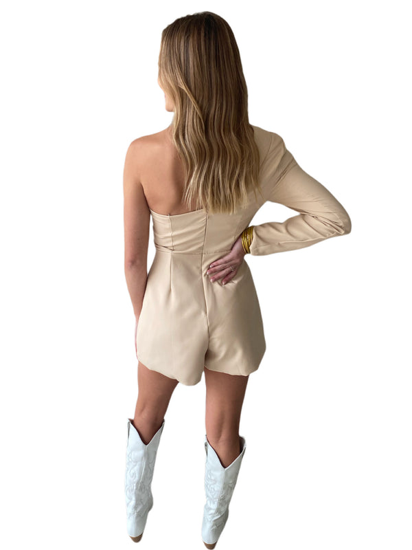 one shoulder beige romper